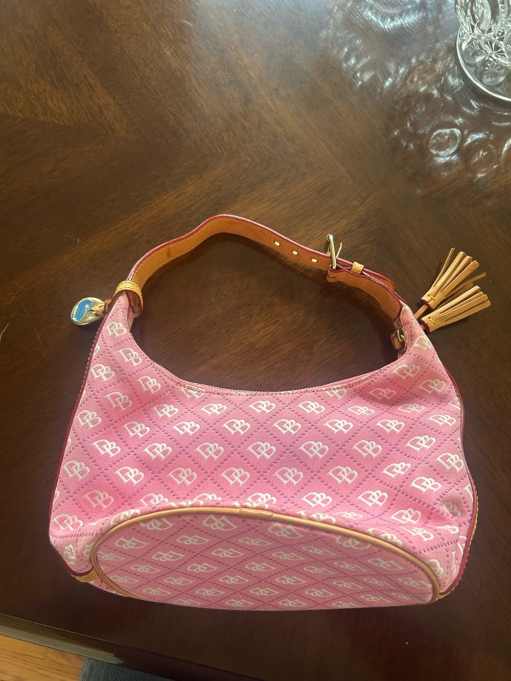 Dooney & Bourke Pink Monogram Hobo Shoulder Bag with Tan Trim